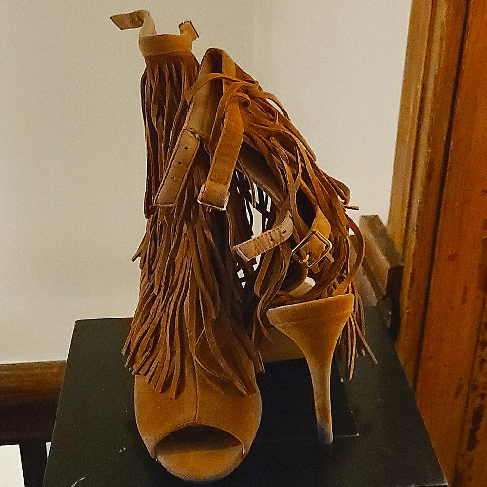 Fringed open toe bootie heel